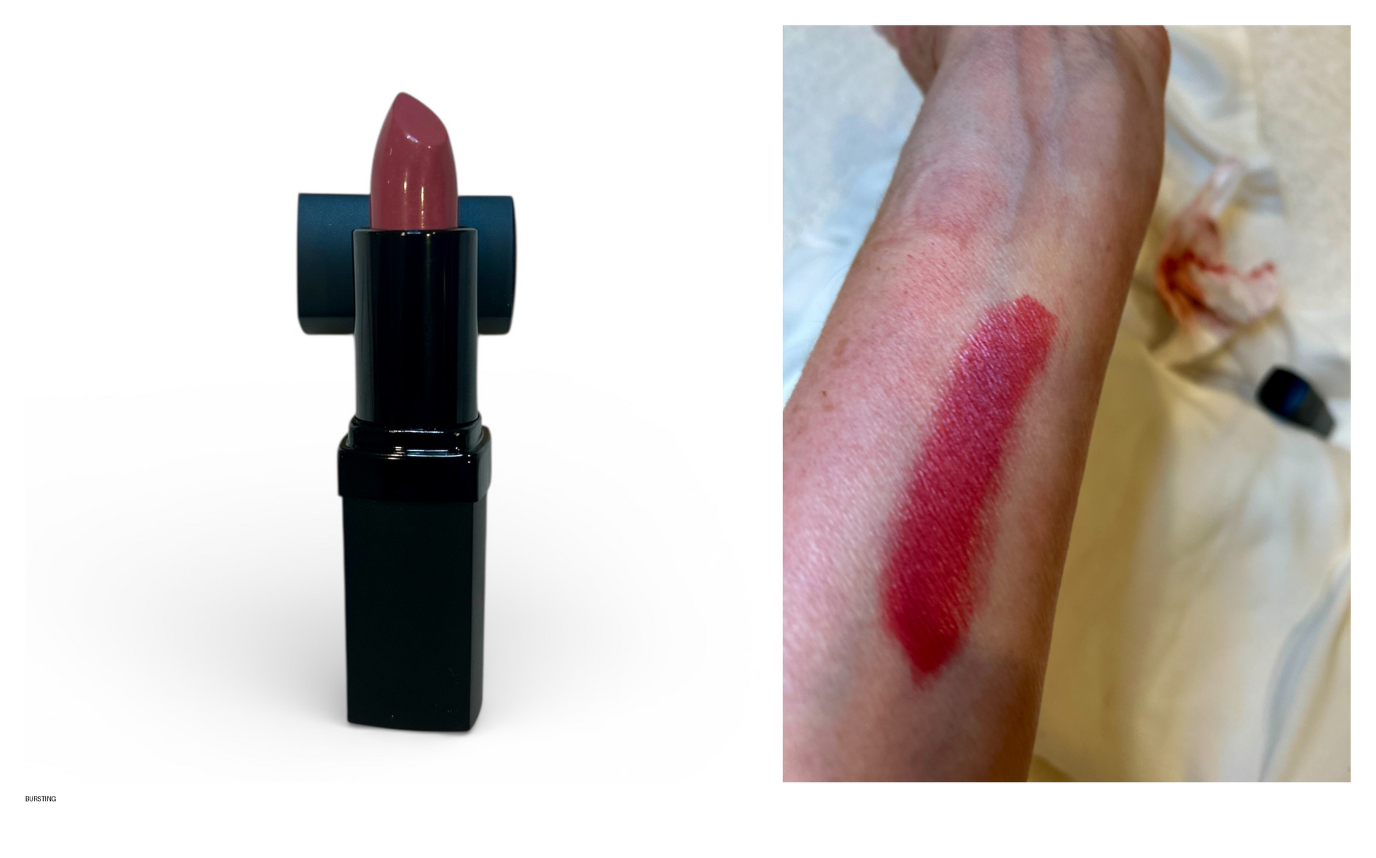 Lipstick with a swatch on skin against a white background