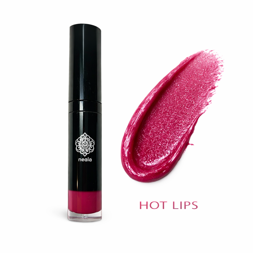 Black lip gloss tube with pink lip color swatch labeled 'Hot Lips' on a white background