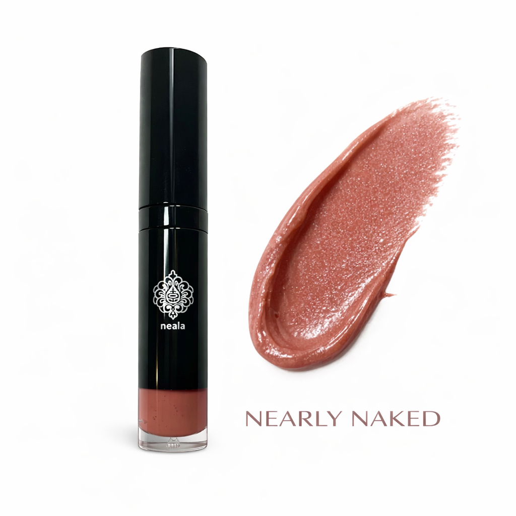 Lip gloss with black packaging and 'neala' branding, next to a swatch of the 'Nearly Naked' shade on a white background.