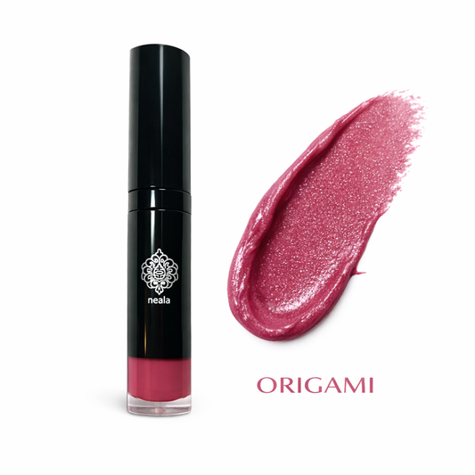 Lip Gloss with black packaging and pink color swatch on a white background, featuring the brand 'neala'.