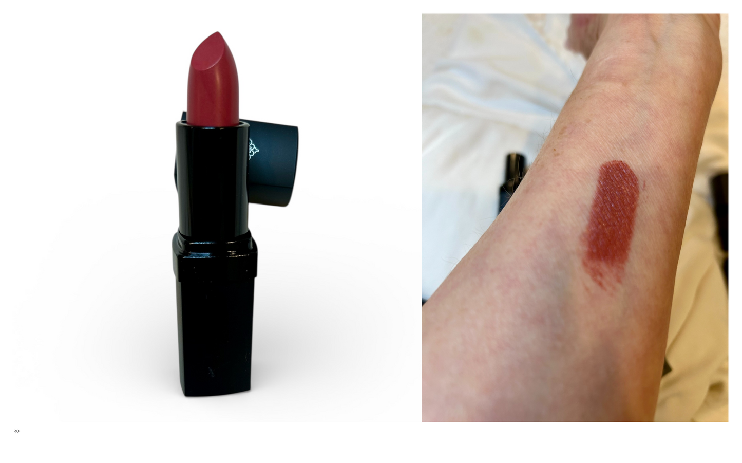 Red lipstick with black casing on a white background, swatched on a person's arm.