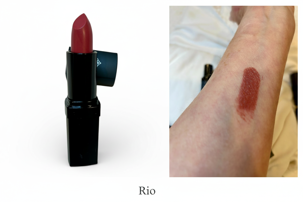 Red lipstick with black casing on a white background, swatched on a person's arm.