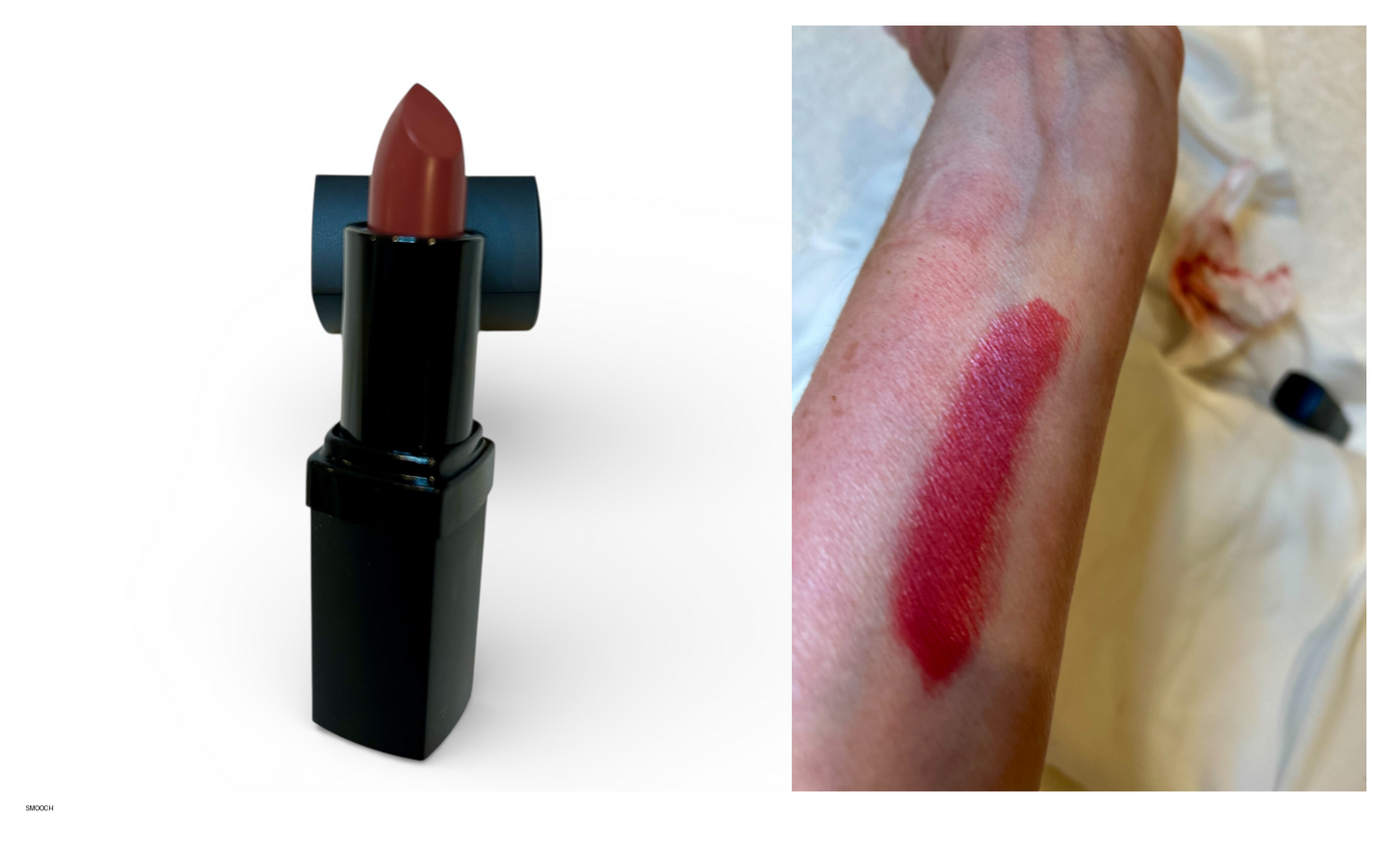 Lipstick with a swatch on skin against a white background